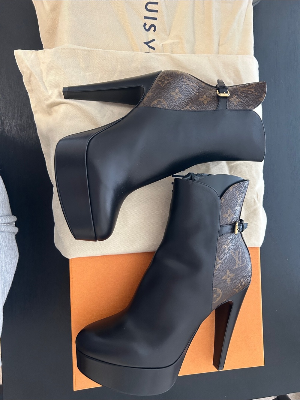 Louis Vuitton Black Leather Platform Ankle Boots with Monogram Heel Panel